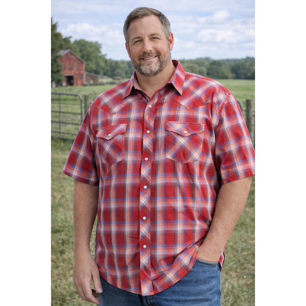 Wrangler Men 2XL Big Western Shirt Red Blue Plaid Pearl Snap Short Sleeve Cowboy